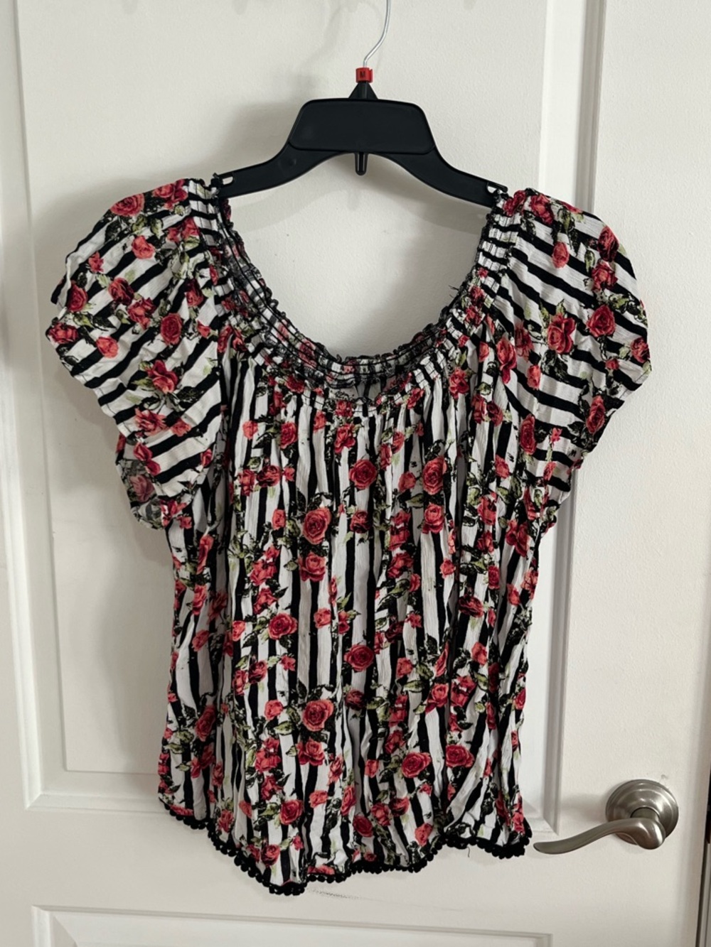 Self Esteem Black & White Striped Blouse with Red Rose Print